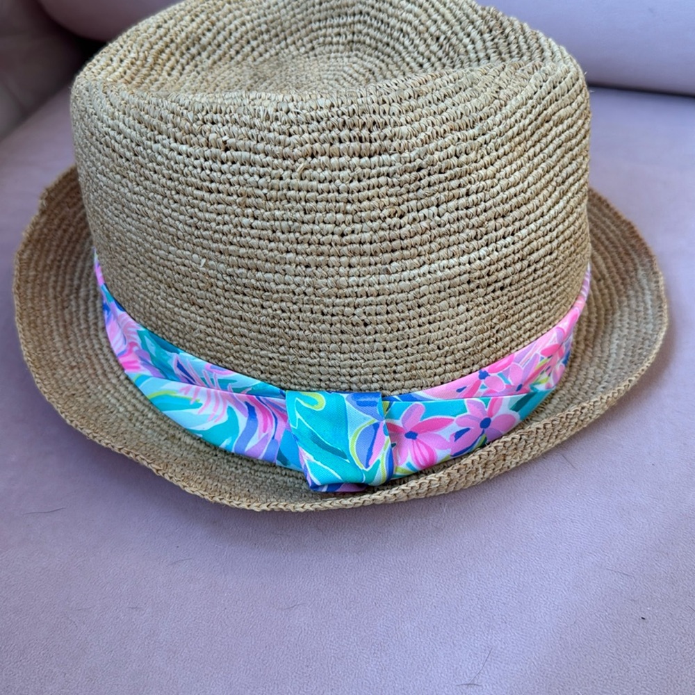Lilly Pulitzer Straw Fedora with Pink and Blue Floral Band